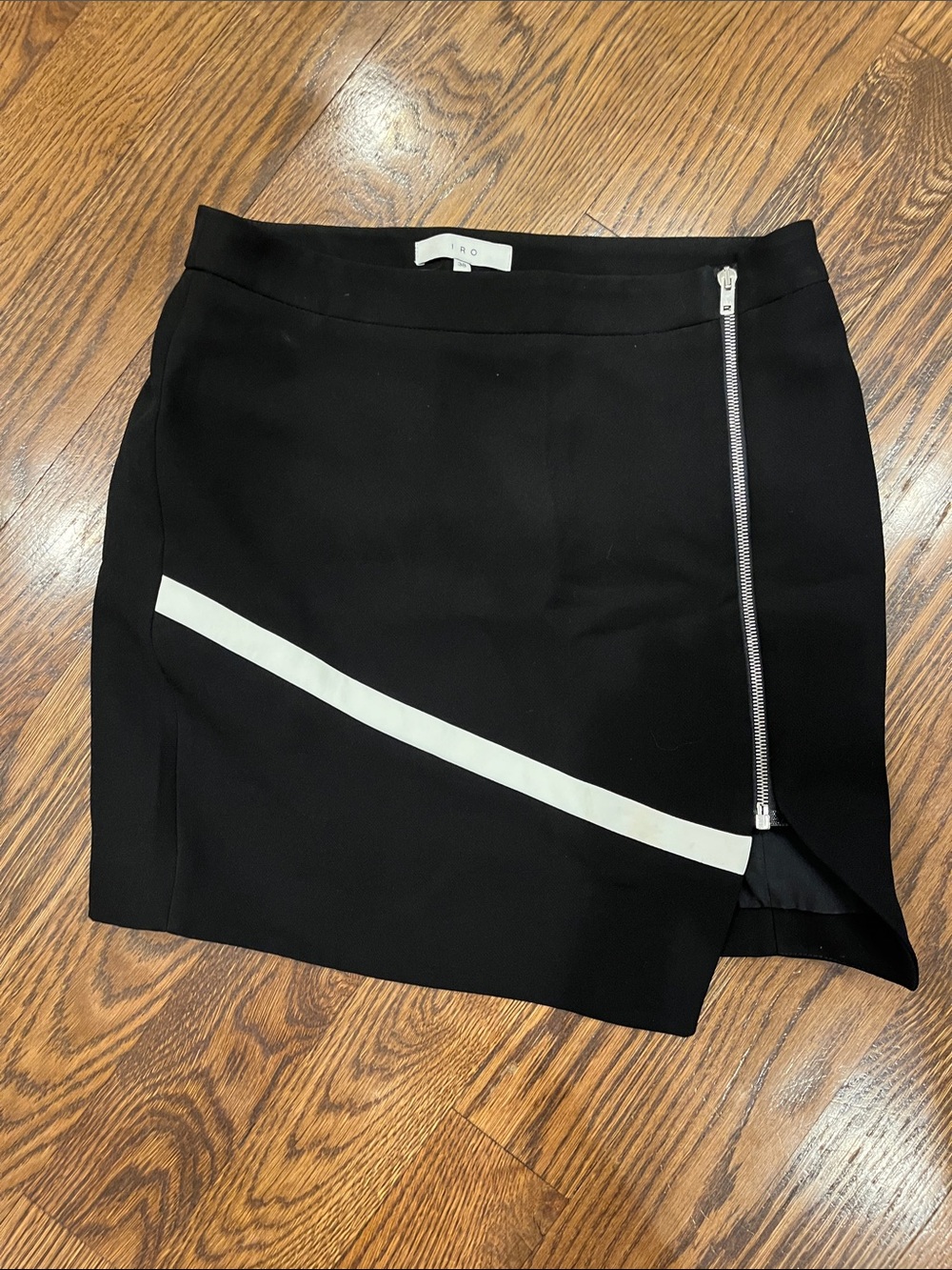 IRO warol 38(4)Black Mini Skirt with White Diagonal Stripe and Exposed Zip